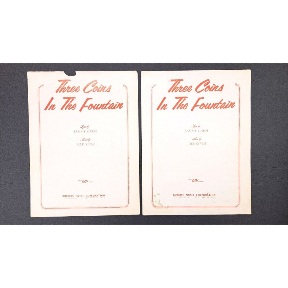 Three Coins In The Fountain Vintage Sheet Music Frank Sinatra 1954 Set Of 2